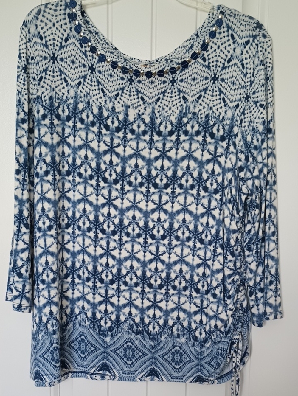 Ruby Rd XL Blue White Tile Print Blouse Scoop Neck Side-Tie Top